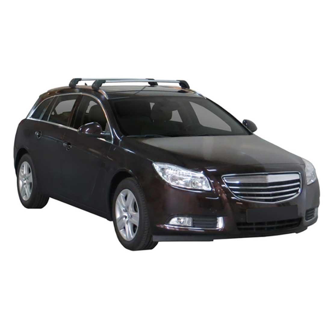 Черни супер аеродинамични греди Yakima Flush греди за Opel Insignia комби модел от 2009 до 2017 година с плътно вградени надлъжни греди