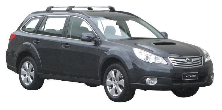 Сиви аеродинамични греди Yakima Flush за Subaru Outback от 2009 до 2014 година с вградени надлъжни греди