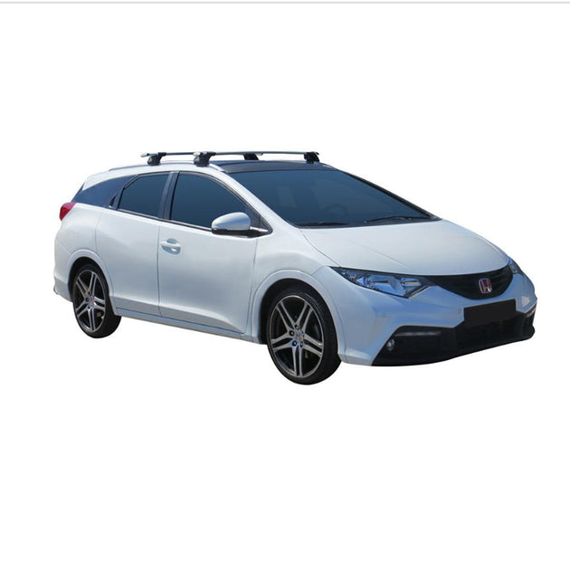 Черни супер аеродинамични греди Yakima Flush греди за Honda Civic Tourer (комби) модел от 2014 до 2024 година нагоре с вградени надлъжни греди